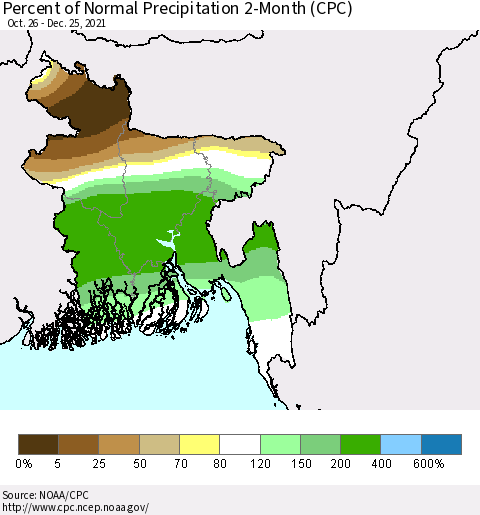 Bangladesh Percent of Normal Precipitation 2-Month (CPC) Thematic Map For 10/26/2021 - 12/25/2021