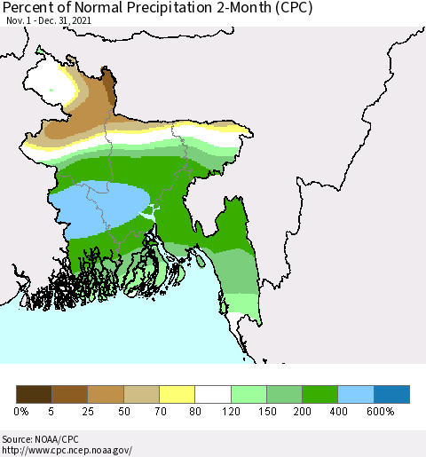 Bangladesh Percent of Normal Precipitation 2-Month (CPC) Thematic Map For 11/1/2021 - 12/31/2021