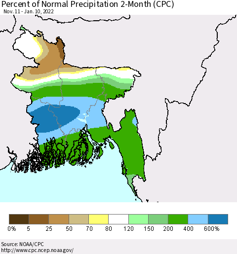Bangladesh Percent of Normal Precipitation 2-Month (CPC) Thematic Map For 11/11/2021 - 1/10/2022
