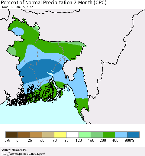 Bangladesh Percent of Normal Precipitation 2-Month (CPC) Thematic Map For 11/16/2021 - 1/15/2022