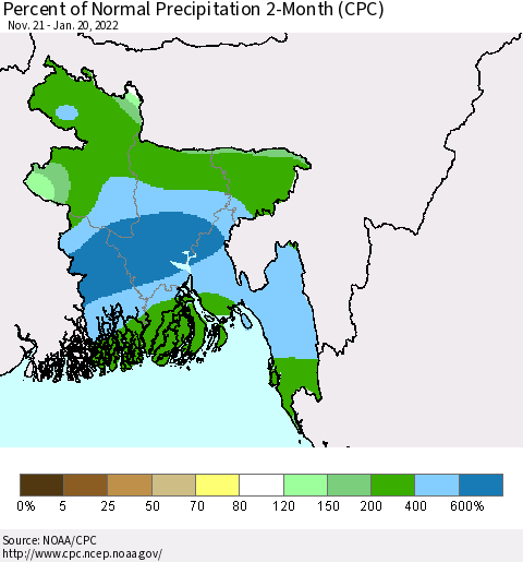 Bangladesh Percent of Normal Precipitation 2-Month (CPC) Thematic Map For 11/21/2021 - 1/20/2022