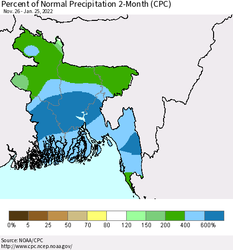 Bangladesh Percent of Normal Precipitation 2-Month (CPC) Thematic Map For 11/26/2021 - 1/25/2022