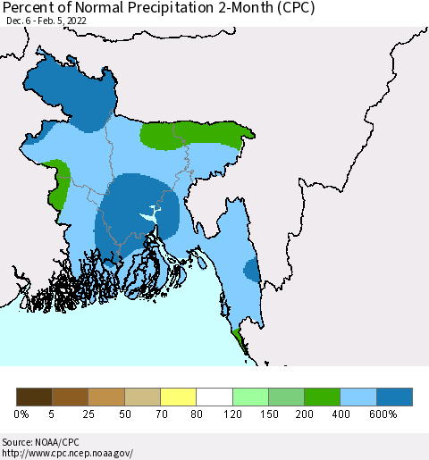 Bangladesh Percent of Normal Precipitation 2-Month (CPC) Thematic Map For 12/6/2021 - 2/5/2022