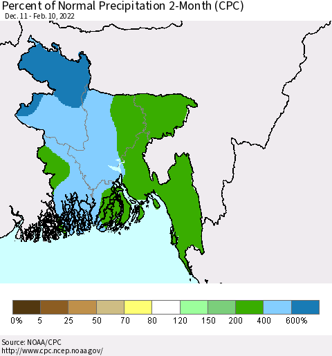 Bangladesh Percent of Normal Precipitation 2-Month (CPC) Thematic Map For 12/11/2021 - 2/10/2022