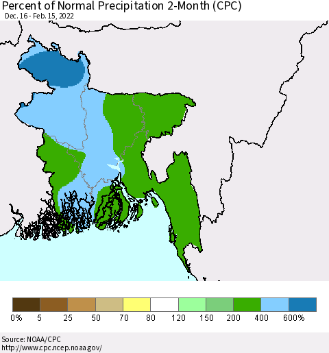 Bangladesh Percent of Normal Precipitation 2-Month (CPC) Thematic Map For 12/16/2021 - 2/15/2022
