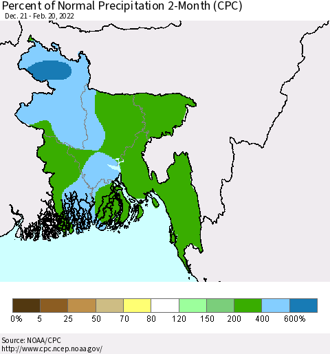 Bangladesh Percent of Normal Precipitation 2-Month (CPC) Thematic Map For 12/21/2021 - 2/20/2022