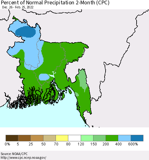 Bangladesh Percent of Normal Precipitation 2-Month (CPC) Thematic Map For 12/26/2021 - 2/25/2022
