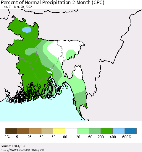 Bangladesh Percent of Normal Precipitation 2-Month (CPC) Thematic Map For 1/21/2022 - 3/20/2022