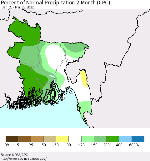 Bangladesh Percent of Normal Precipitation 2-Month (CPC) Thematic Map For 1/26/2022 - 3/25/2022