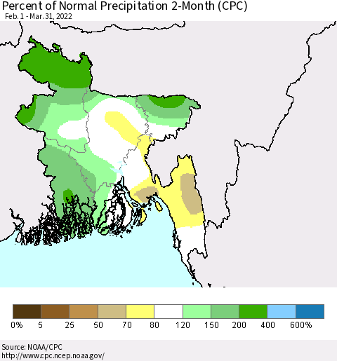 Bangladesh Percent of Normal Precipitation 2-Month (CPC) Thematic Map For 2/1/2022 - 3/31/2022