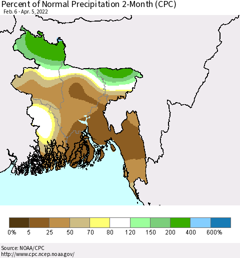 Bangladesh Percent of Normal Precipitation 2-Month (CPC) Thematic Map For 2/6/2022 - 4/5/2022