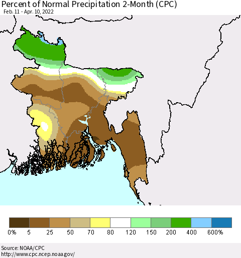 Bangladesh Percent of Normal Precipitation 2-Month (CPC) Thematic Map For 2/11/2022 - 4/10/2022
