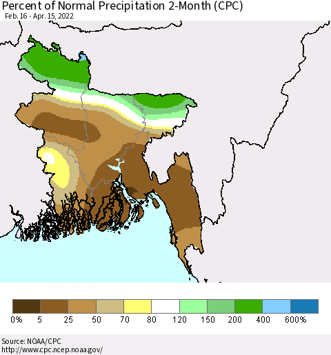 Bangladesh Percent of Normal Precipitation 2-Month (CPC) Thematic Map For 2/16/2022 - 4/15/2022