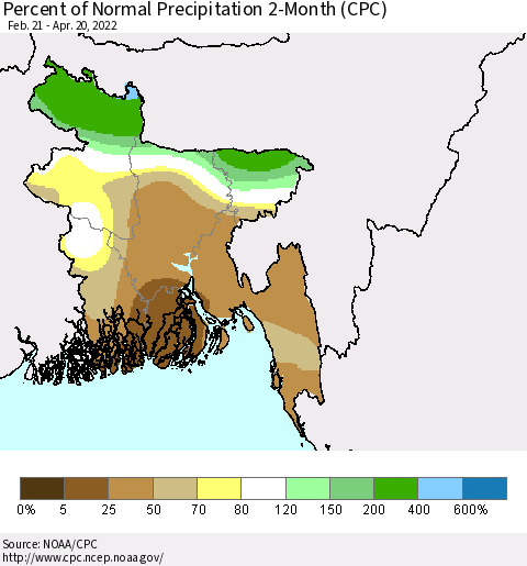 Bangladesh Percent of Normal Precipitation 2-Month (CPC) Thematic Map For 2/21/2022 - 4/20/2022