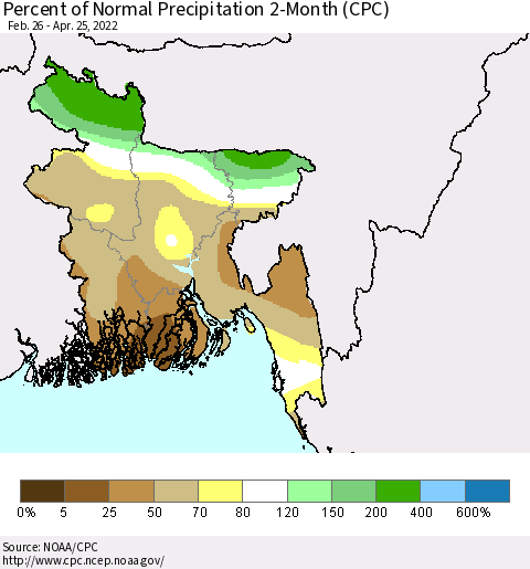 Bangladesh Percent of Normal Precipitation 2-Month (CPC) Thematic Map For 2/26/2022 - 4/25/2022