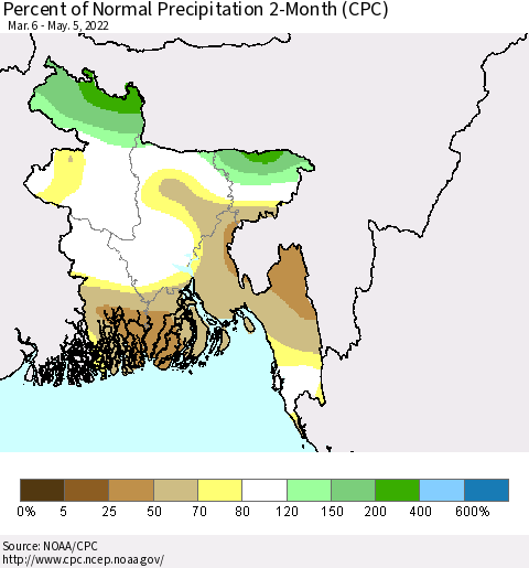 Bangladesh Percent of Normal Precipitation 2-Month (CPC) Thematic Map For 3/6/2022 - 5/5/2022