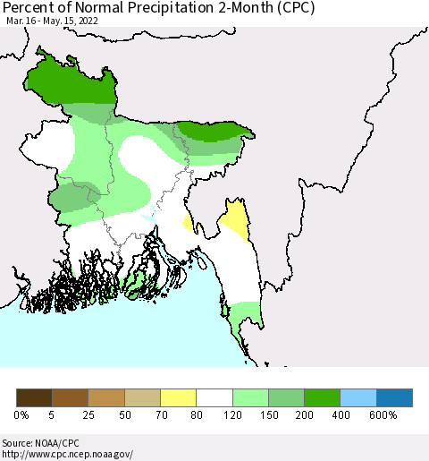 Bangladesh Percent of Normal Precipitation 2-Month (CPC) Thematic Map For 3/16/2022 - 5/15/2022