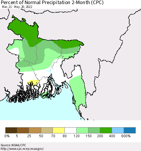 Bangladesh Percent of Normal Precipitation 2-Month (CPC) Thematic Map For 3/21/2022 - 5/20/2022