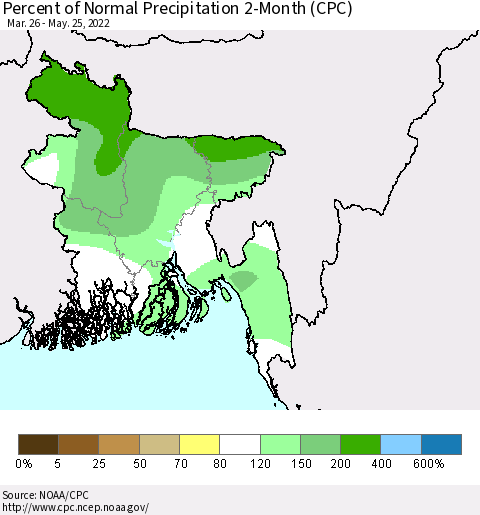 Bangladesh Percent of Normal Precipitation 2-Month (CPC) Thematic Map For 3/26/2022 - 5/25/2022