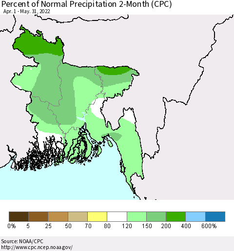 Bangladesh Percent of Normal Precipitation 2-Month (CPC) Thematic Map For 4/1/2022 - 5/31/2022