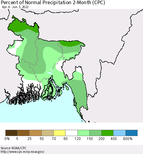 Bangladesh Percent of Normal Precipitation 2-Month (CPC) Thematic Map For 4/6/2022 - 6/5/2022