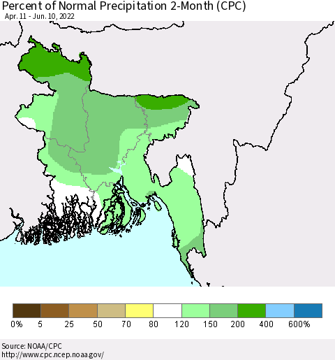 Bangladesh Percent of Normal Precipitation 2-Month (CPC) Thematic Map For 4/11/2022 - 6/10/2022