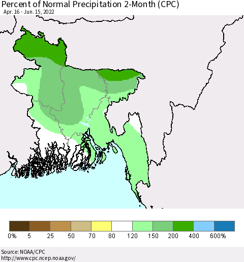 Bangladesh Percent of Normal Precipitation 2-Month (CPC) Thematic Map For 4/16/2022 - 6/15/2022