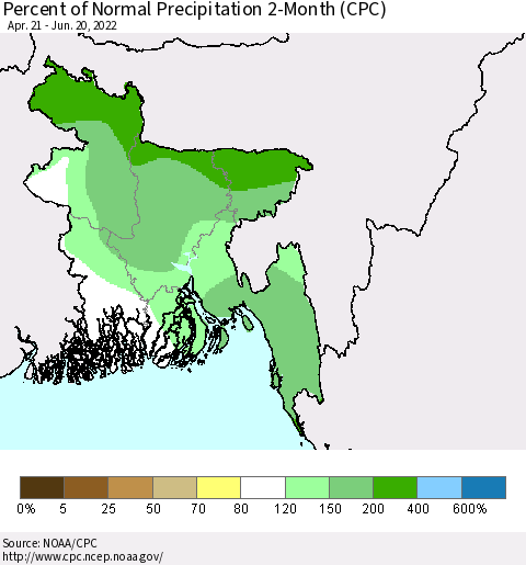 Bangladesh Percent of Normal Precipitation 2-Month (CPC) Thematic Map For 4/21/2022 - 6/20/2022