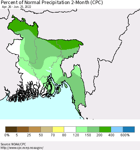 Bangladesh Percent of Normal Precipitation 2-Month (CPC) Thematic Map For 4/26/2022 - 6/25/2022
