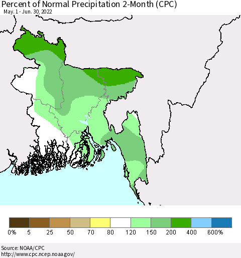 Bangladesh Percent of Normal Precipitation 2-Month (CPC) Thematic Map For 5/1/2022 - 6/30/2022