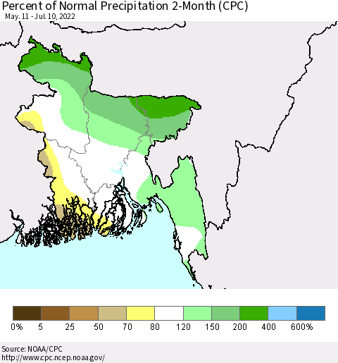 Bangladesh Percent of Normal Precipitation 2-Month (CPC) Thematic Map For 5/11/2022 - 7/10/2022