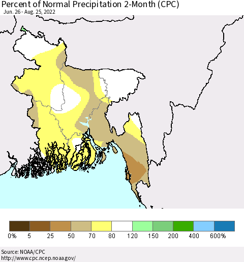 Bangladesh Percent of Normal Precipitation 2-Month (CPC) Thematic Map For 6/26/2022 - 8/25/2022