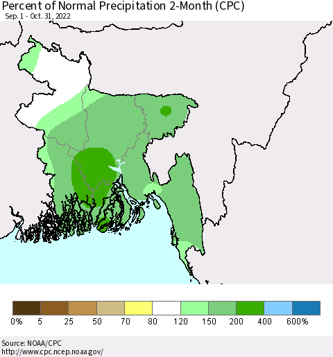 Bangladesh Percent of Normal Precipitation 2-Month (CPC) Thematic Map For 9/1/2022 - 10/31/2022