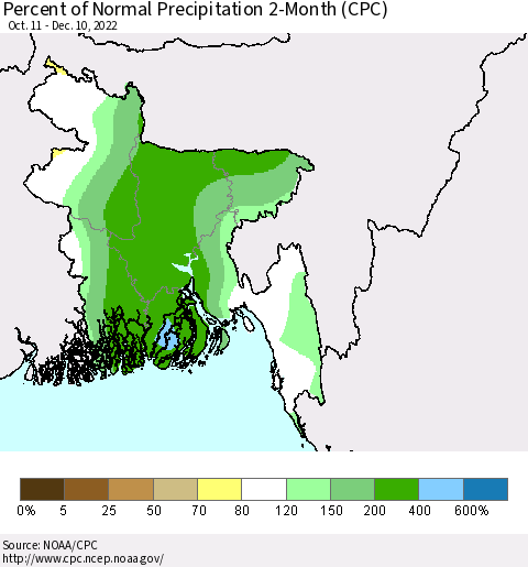 Bangladesh Percent of Normal Precipitation 2-Month (CPC) Thematic Map For 10/11/2022 - 12/10/2022