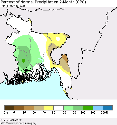 Bangladesh Percent of Normal Precipitation 2-Month (CPC) Thematic Map For 4/1/2023 - 5/31/2023