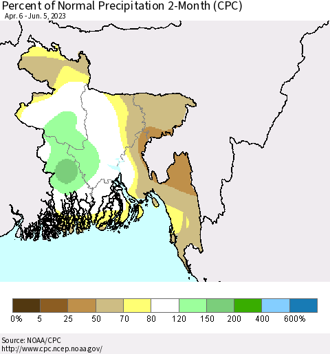 Bangladesh Percent of Normal Precipitation 2-Month (CPC) Thematic Map For 4/6/2023 - 6/5/2023