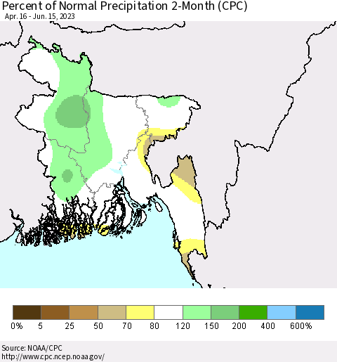 Bangladesh Percent of Normal Precipitation 2-Month (CPC) Thematic Map For 4/16/2023 - 6/15/2023