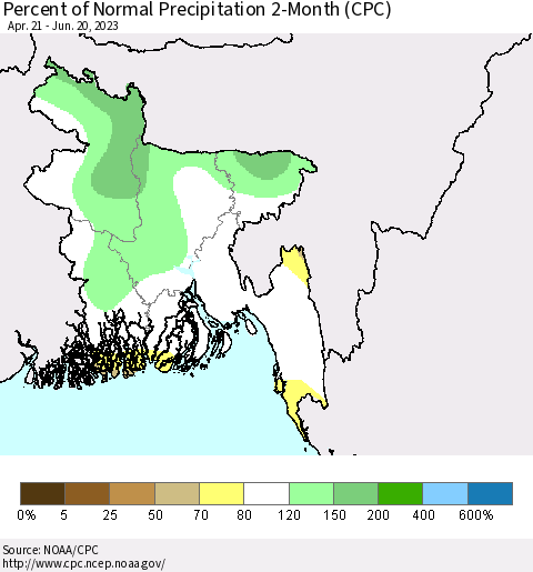Bangladesh Percent of Normal Precipitation 2-Month (CPC) Thematic Map For 4/21/2023 - 6/20/2023