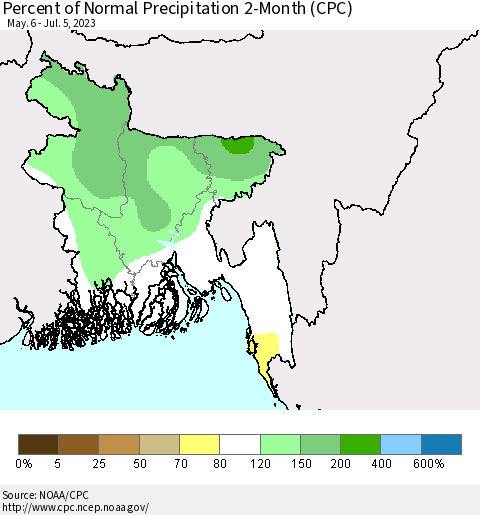 Bangladesh Percent of Normal Precipitation 2-Month (CPC) Thematic Map For 5/6/2023 - 7/5/2023