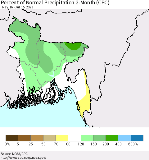 Bangladesh Percent of Normal Precipitation 2-Month (CPC) Thematic Map For 5/16/2023 - 7/15/2023