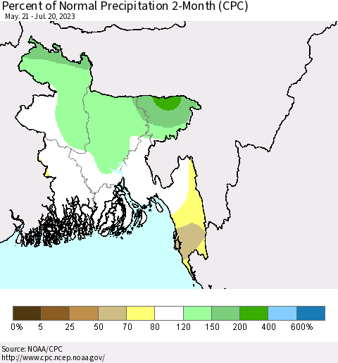 Bangladesh Percent of Normal Precipitation 2-Month (CPC) Thematic Map For 5/21/2023 - 7/20/2023