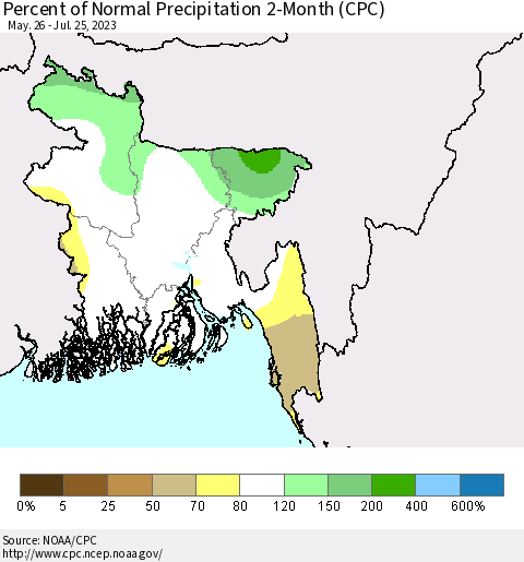 Bangladesh Percent of Normal Precipitation 2-Month (CPC) Thematic Map For 5/26/2023 - 7/25/2023