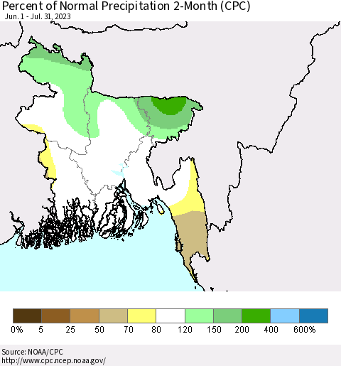 Bangladesh Percent of Normal Precipitation 2-Month (CPC) Thematic Map For 6/1/2023 - 7/31/2023