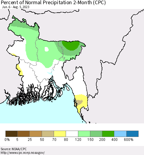 Bangladesh Percent of Normal Precipitation 2-Month (CPC) Thematic Map For 6/6/2023 - 8/5/2023