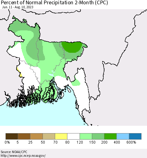 Bangladesh Percent of Normal Precipitation 2-Month (CPC) Thematic Map For 6/11/2023 - 8/10/2023