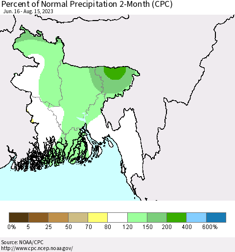 Bangladesh Percent of Normal Precipitation 2-Month (CPC) Thematic Map For 6/16/2023 - 8/15/2023