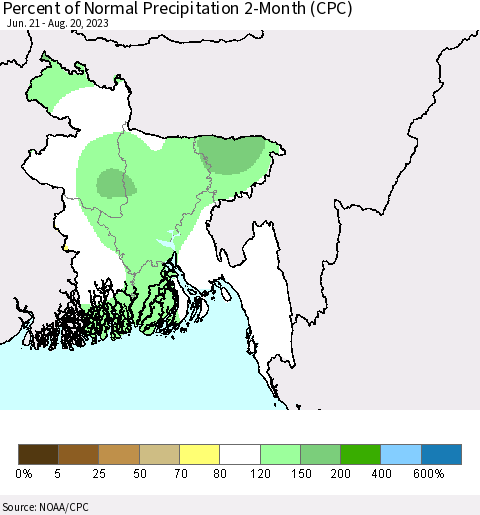 Bangladesh Percent of Normal Precipitation 2-Month (CPC) Thematic Map For 6/21/2023 - 8/20/2023