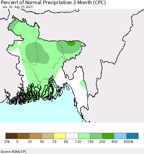 Bangladesh Percent of Normal Precipitation 2-Month (CPC) Thematic Map For 6/26/2023 - 8/25/2023