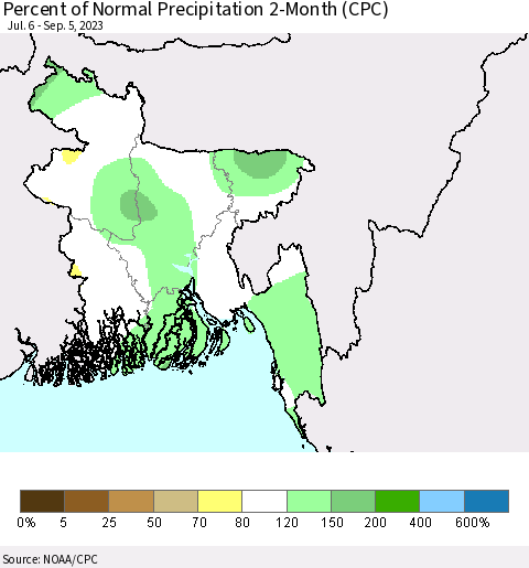 Bangladesh Percent of Normal Precipitation 2-Month (CPC) Thematic Map For 7/6/2023 - 9/5/2023
