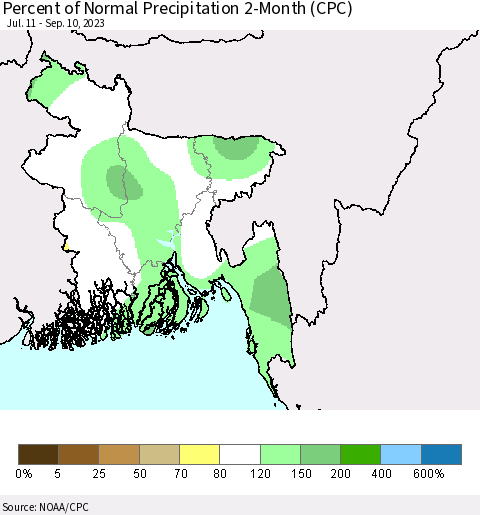 Bangladesh Percent of Normal Precipitation 2-Month (CPC) Thematic Map For 7/11/2023 - 9/10/2023